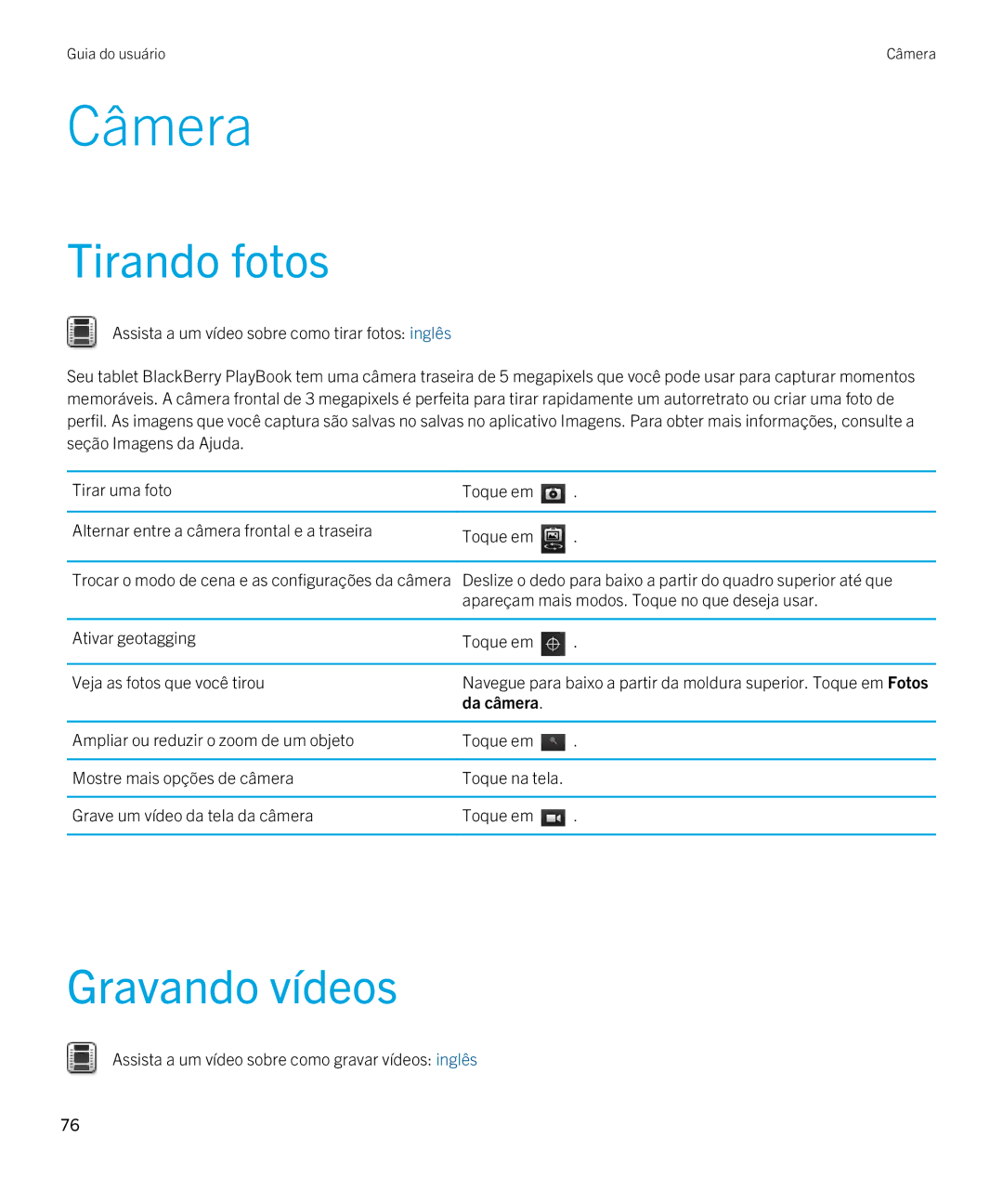 Blackberry 2.0.1 manual Câmera, Tirando fotos, Gravando vídeos, Da câmera 
