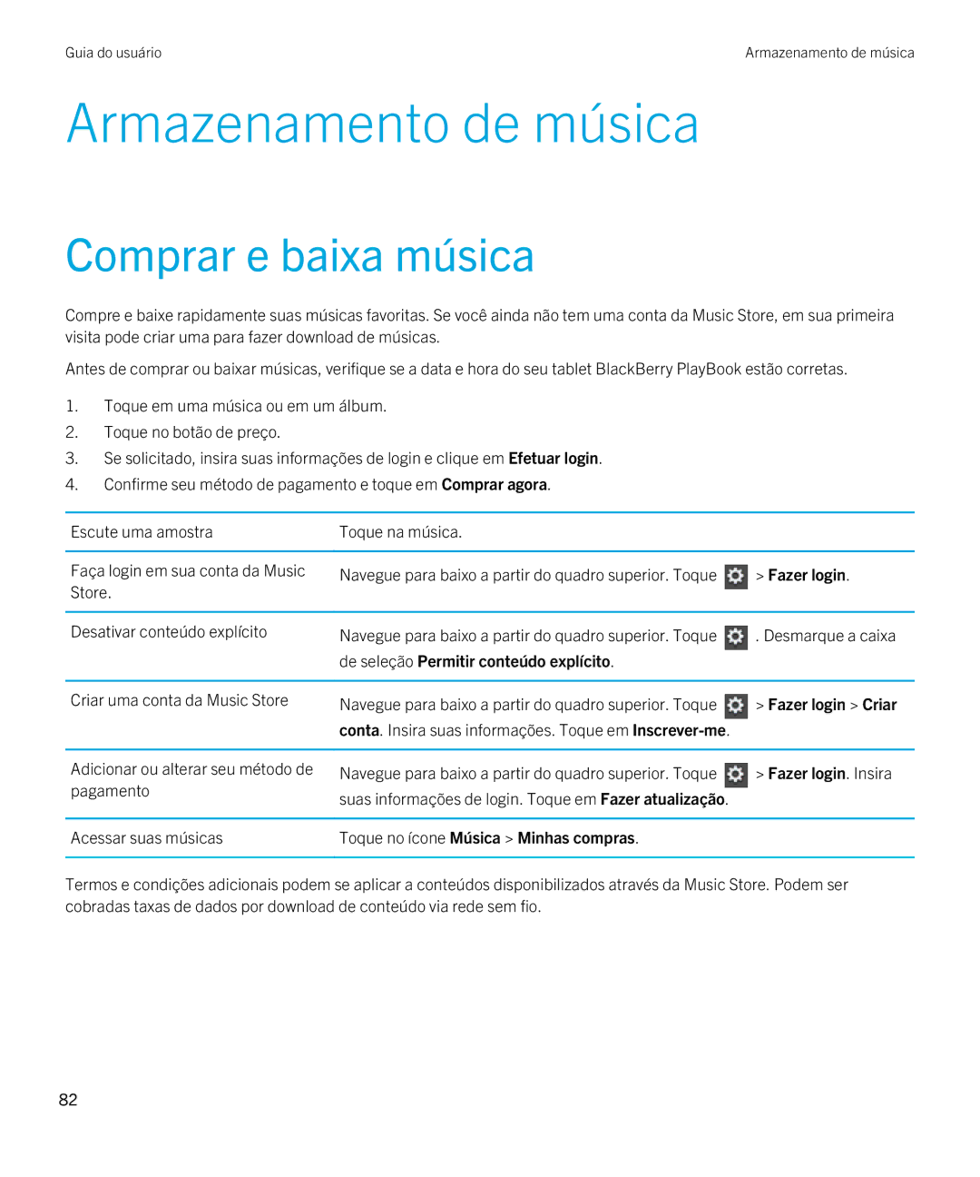 Blackberry 2.0.1 manual Armazenamento de música, Comprar e baixa música 