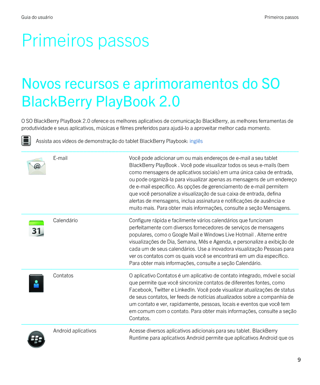 Blackberry 2.0.1 manual Primeiros passos, Novos recursos e aprimoramentos do SO BlackBerry PlayBook, Contatos 