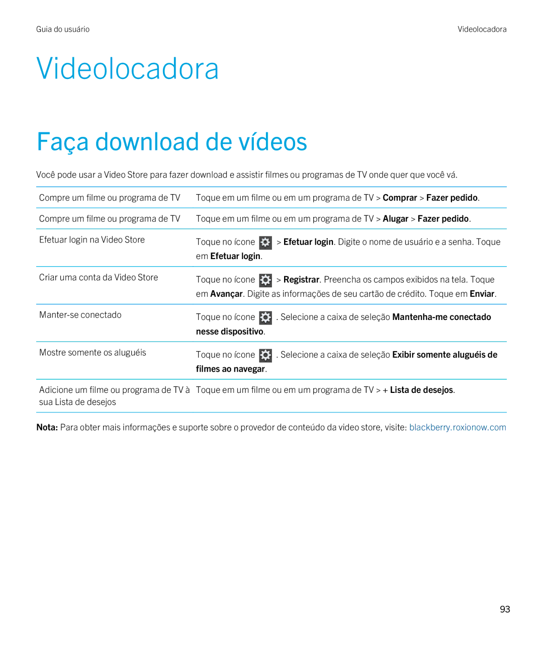 Blackberry 2.0.1 manual Videolocadora, Faça download de vídeos, Em Efetuar login, Nesse dispositivo, Filmes ao navegar 