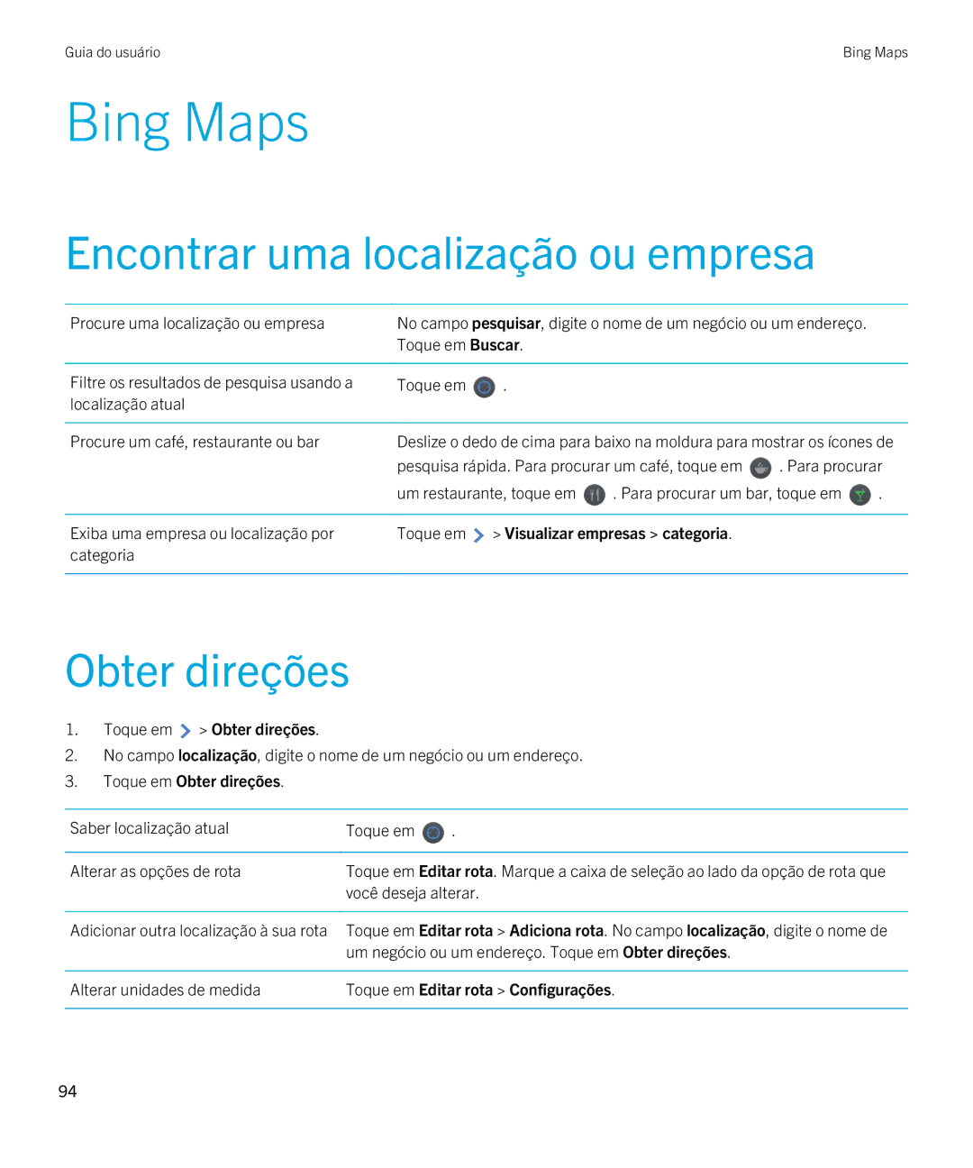 Blackberry 2.0.1 manual Bing Maps, Encontrar uma localização ou empresa, Obter direções 