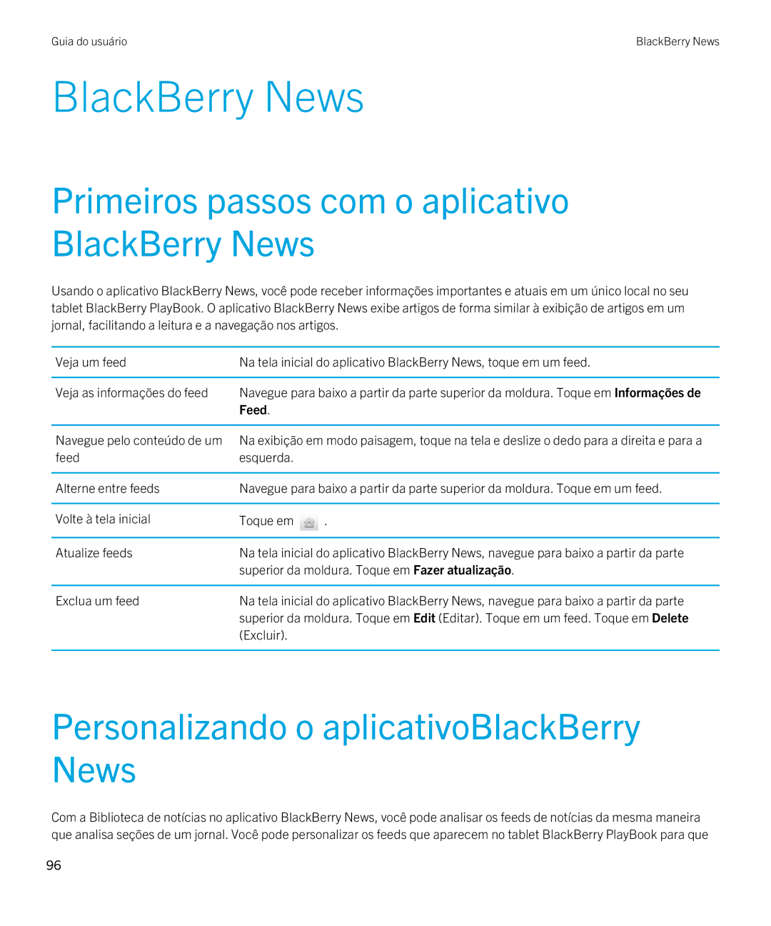 Blackberry 2.0.1 Primeiros passos com o aplicativo BlackBerry News, Personalizando o aplicativoBlackBerry News, Feed 