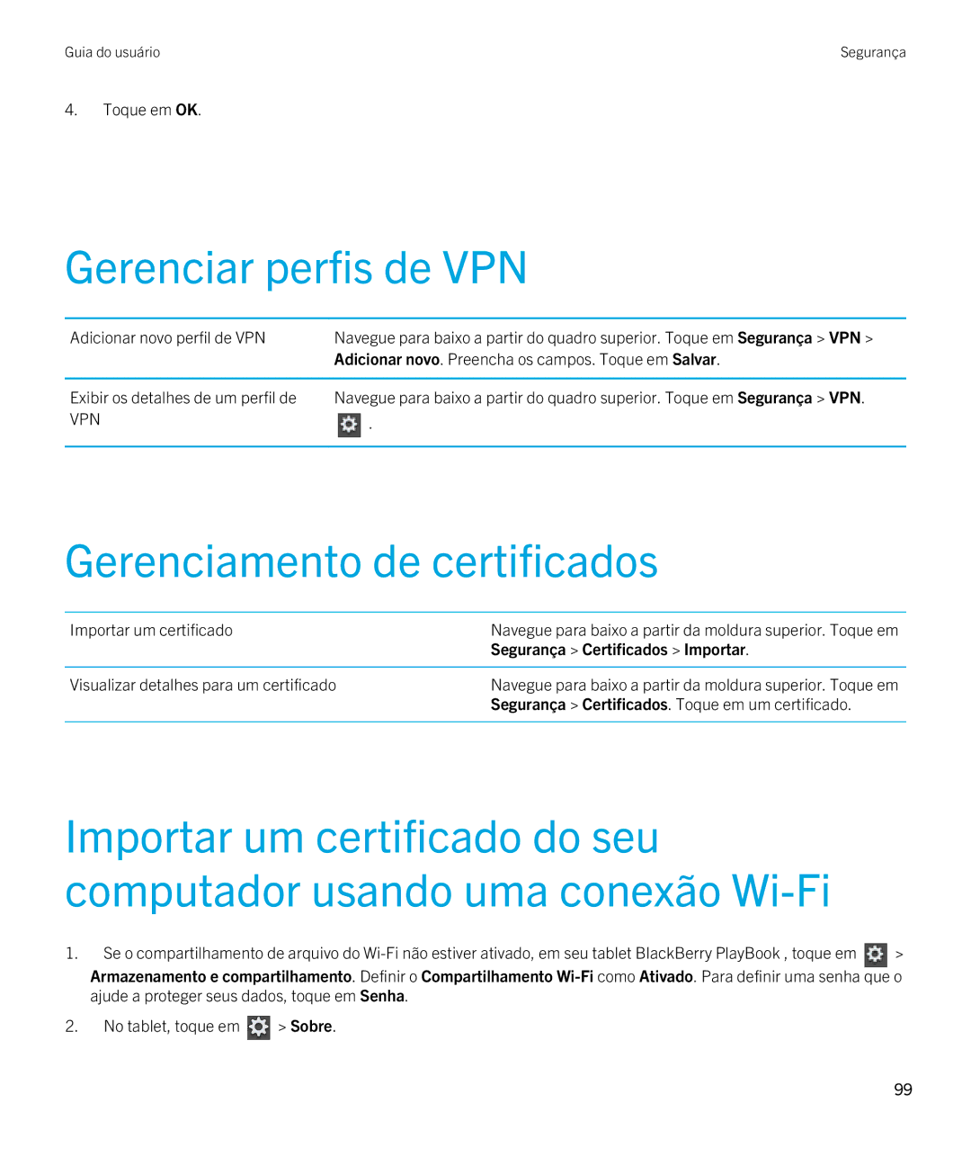 Blackberry 2.0.1 manual Gerenciar perfis de VPN, Gerenciamento de certificados, Segurança Certificados Importar 