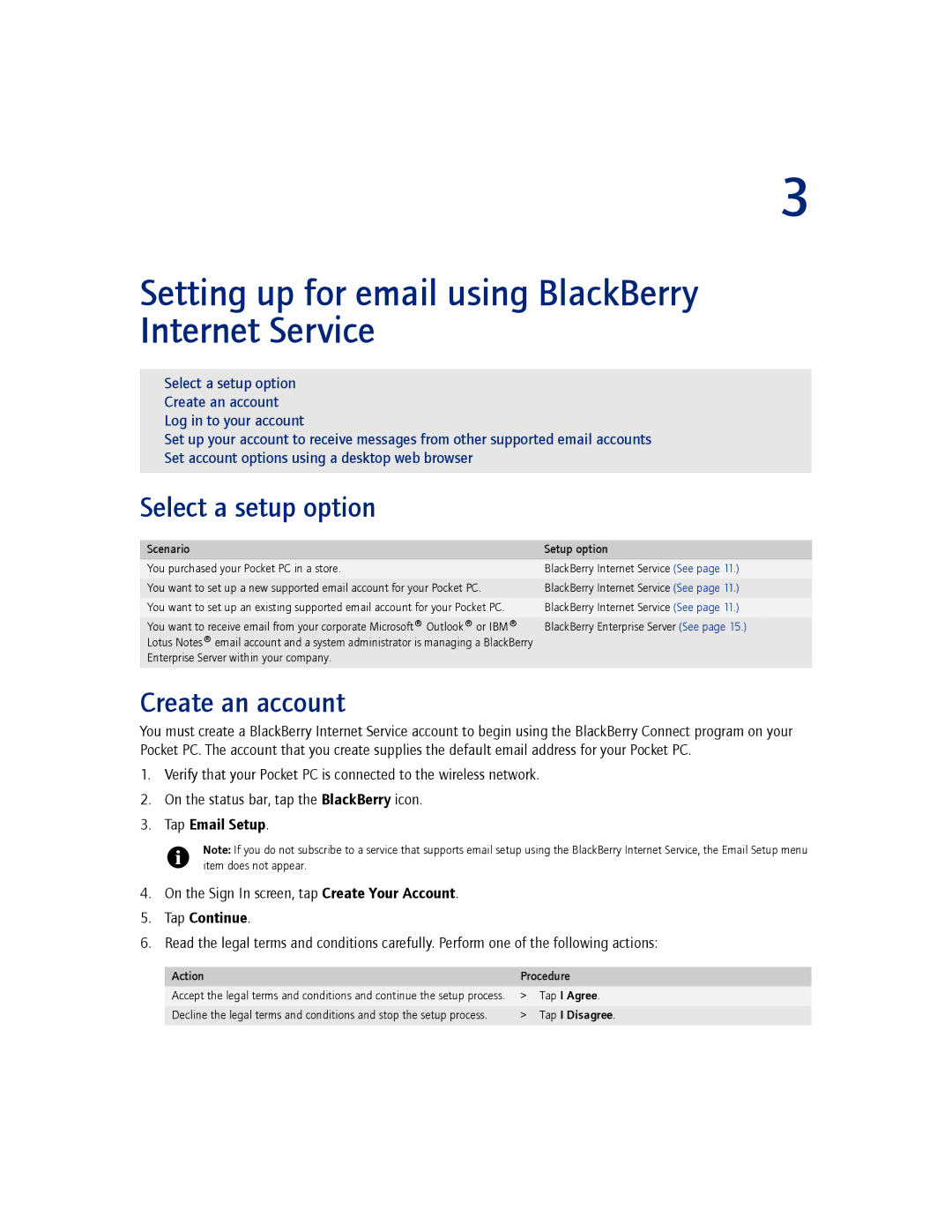 Blackberry 2.1 manual Setting up for email using BlackBerry Internet Service, Select a setup option, Create an account 