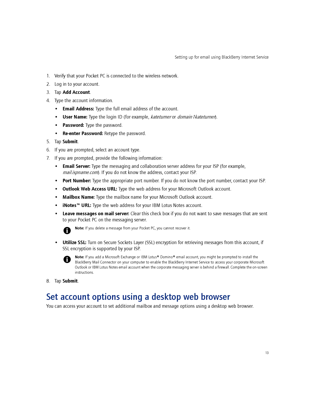 Blackberry 2.1 manual Set account options using a desktop web browser 