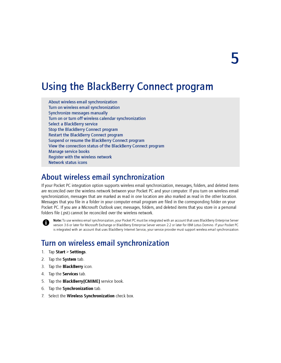 Blackberry 2.1 manual Using the BlackBerry Connect program, About wireless email synchronization 