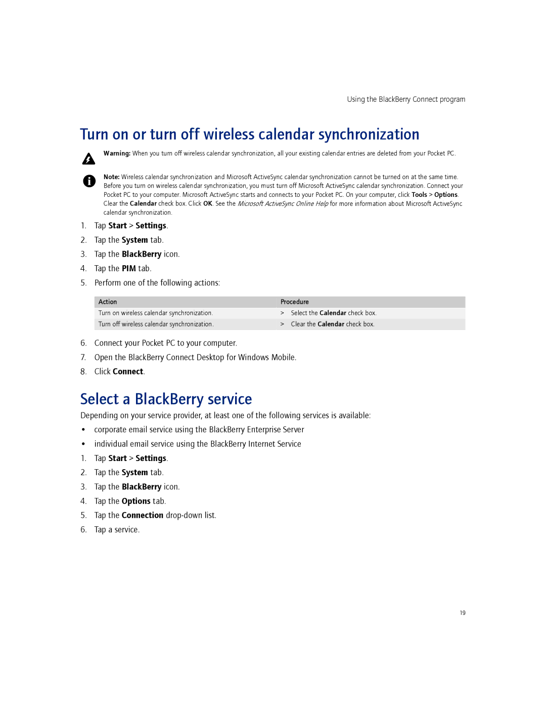 Blackberry 2.1 manual Turn on or turn off wireless calendar synchronization, Select a BlackBerry service 