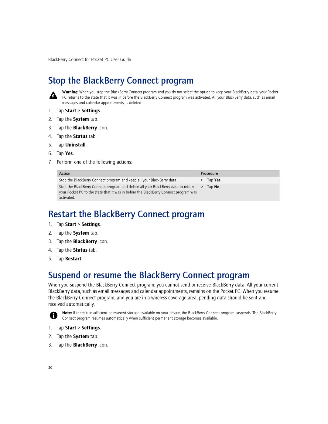 Blackberry 2.1 manual Stop the BlackBerry Connect program, Restart the BlackBerry Connect program 