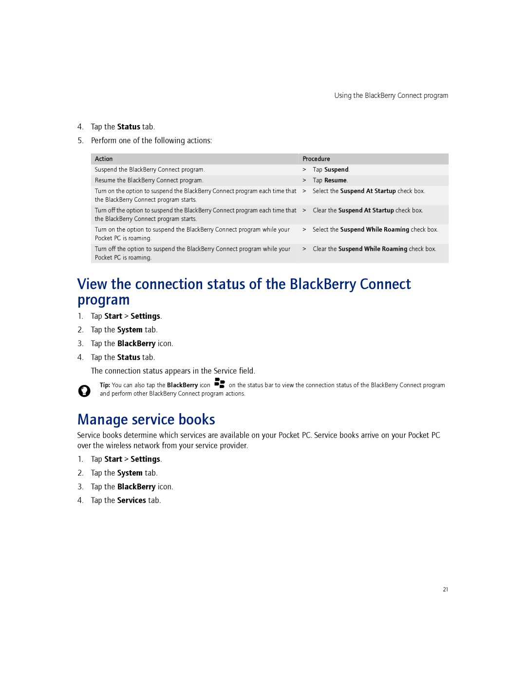 Blackberry 2.1 manual View the connection status of the BlackBerry Connect program, Manage service books 