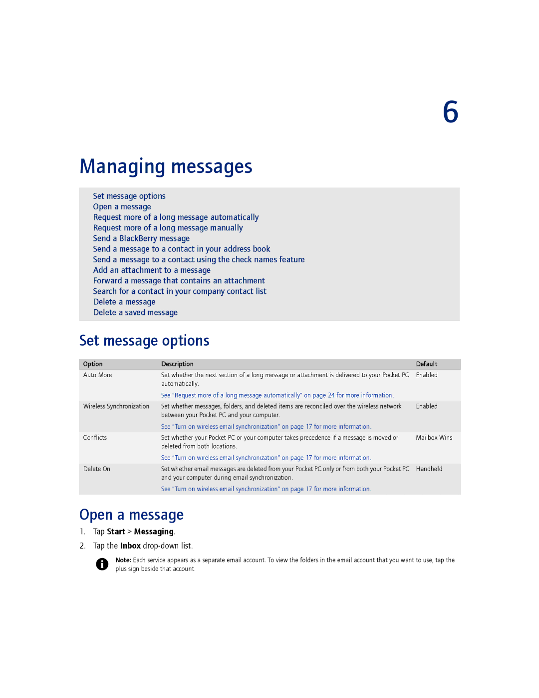 Blackberry 2.1 manual Managing messages, Set message options, Open a message 