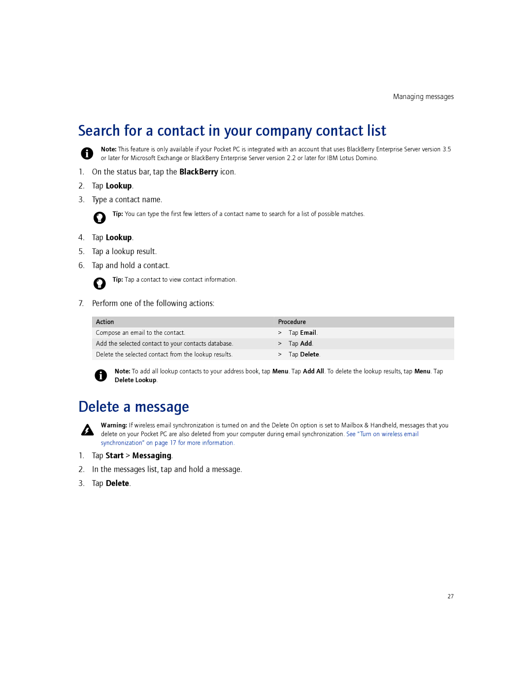 Blackberry 2.1 manual Search for a contact in your company contact list, Delete a message 