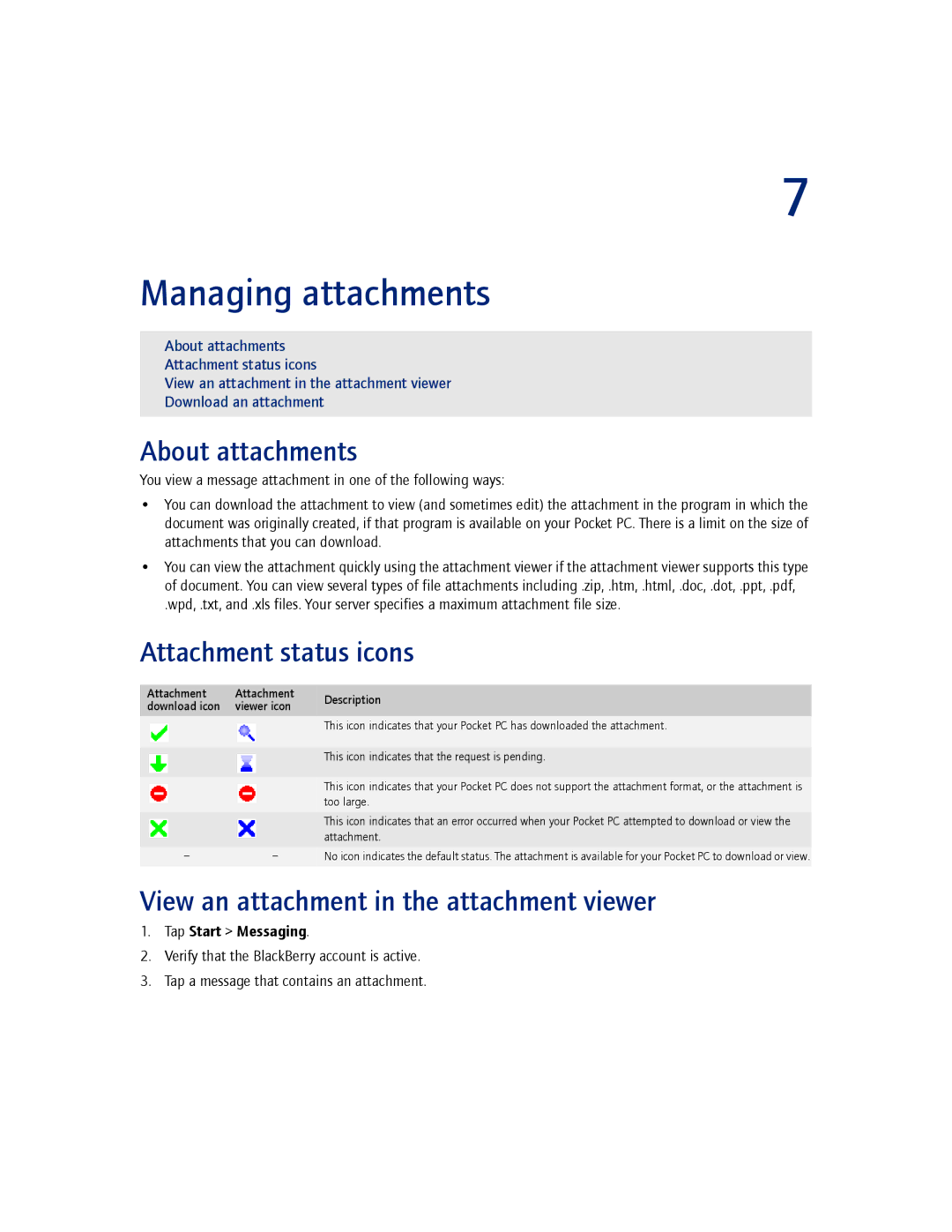 Blackberry 2.1 manual Managing attachments, About attachments, Attachment status icons 