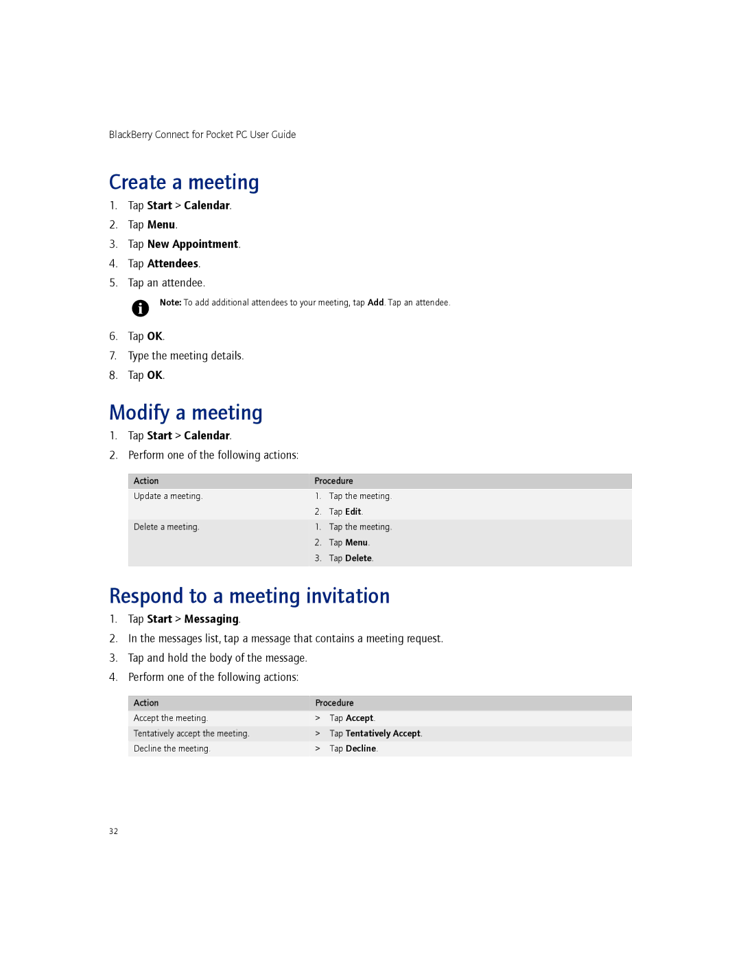 Blackberry 2.1 manual Create a meeting, Modify a meeting, Respond to a meeting invitation 