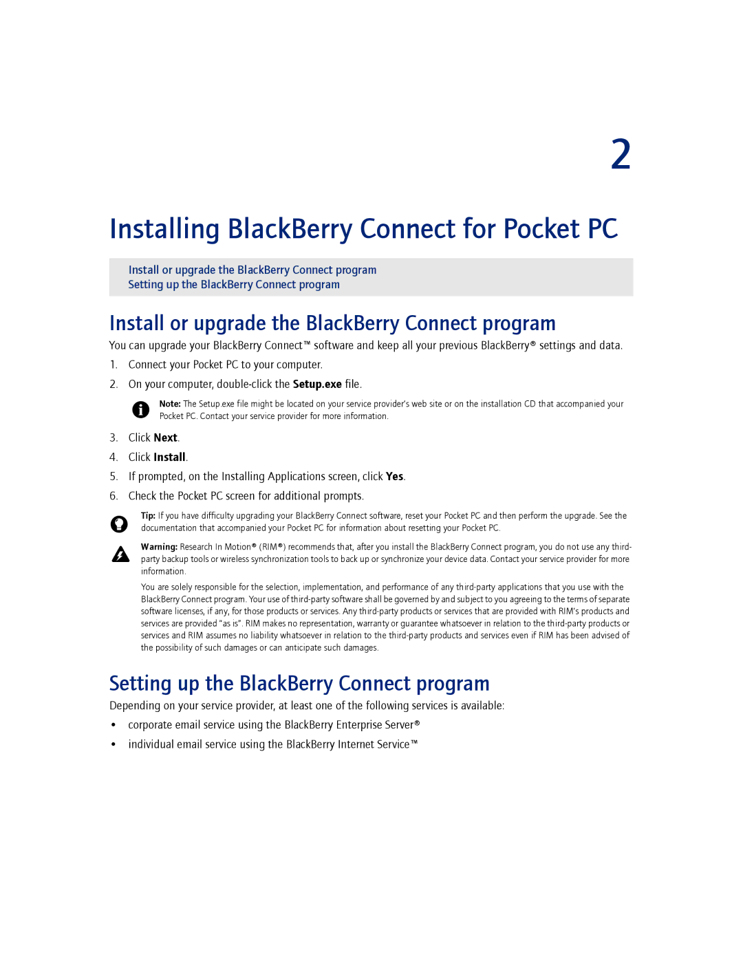 Blackberry 2.1 manual Installing BlackBerry Connect for Pocket PC, Install or upgrade the BlackBerry Connect program 