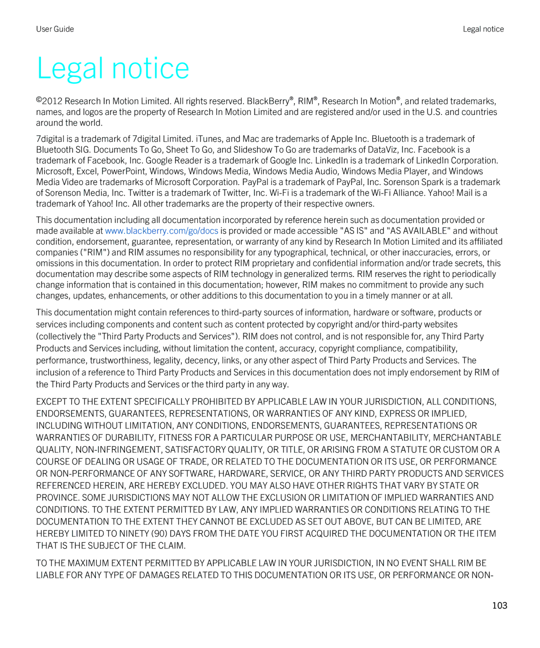 Blackberry 2.1 manual Legal notice, 103 