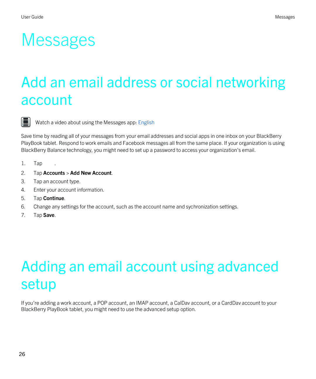 Blackberry 2.1 Messages, Add an email address or social networking account, Adding an email account using advanced setup 