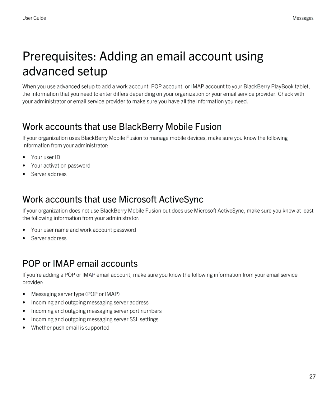 Blackberry 2.1 Prerequisites Adding an email account using advanced setup, Work accounts that use BlackBerry Mobile Fusion 