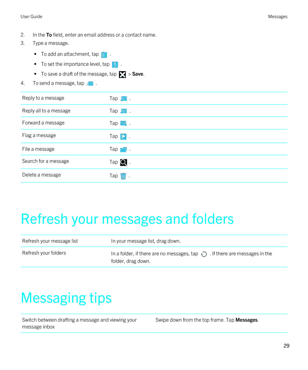 Blackberry 2.1 manual Refresh your messages and folders, Messaging tips 