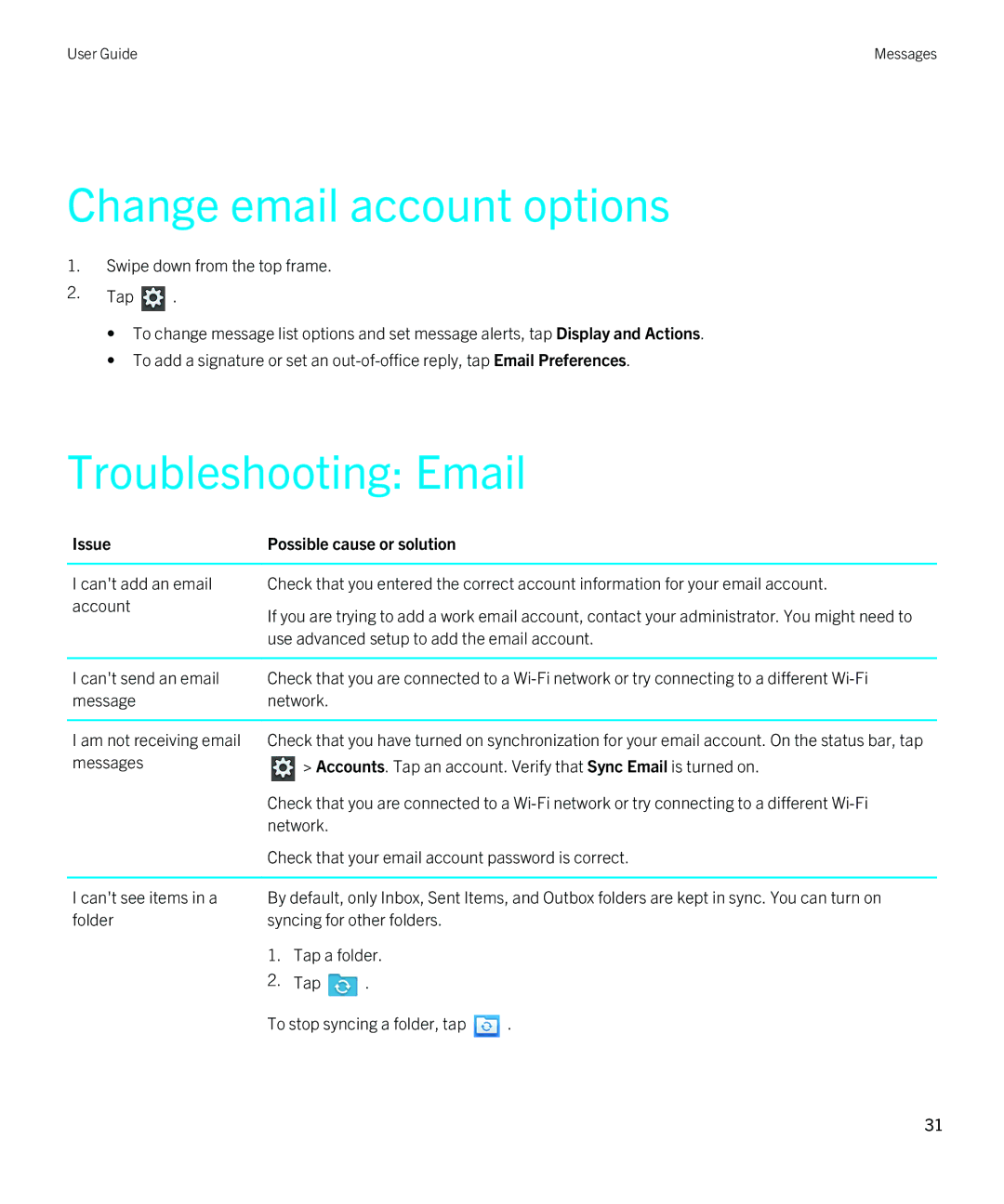 Blackberry 2.1 manual Change email account options, Troubleshooting Email, Issue 