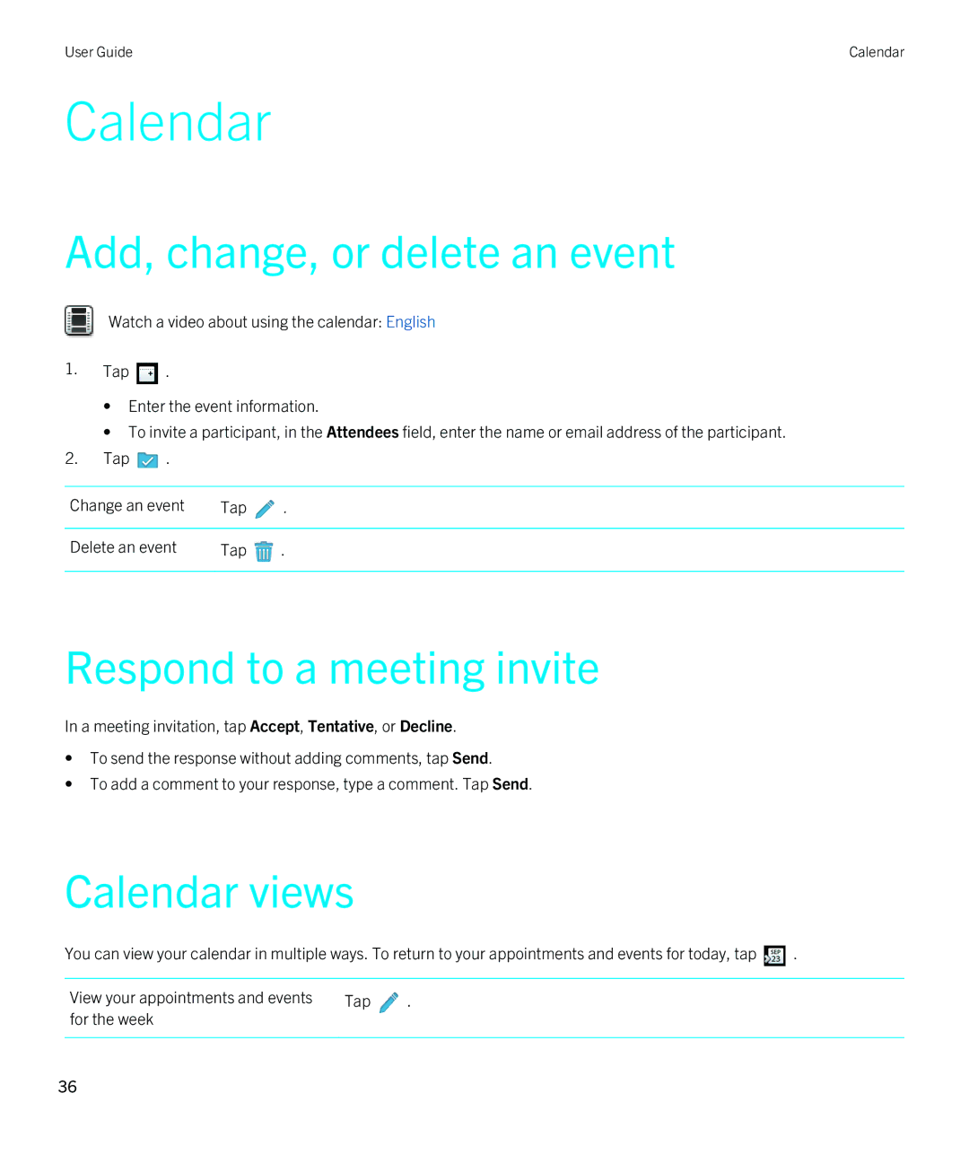 Blackberry 2.1 manual Add, change, or delete an event, Respond to a meeting invite, Calendar views 