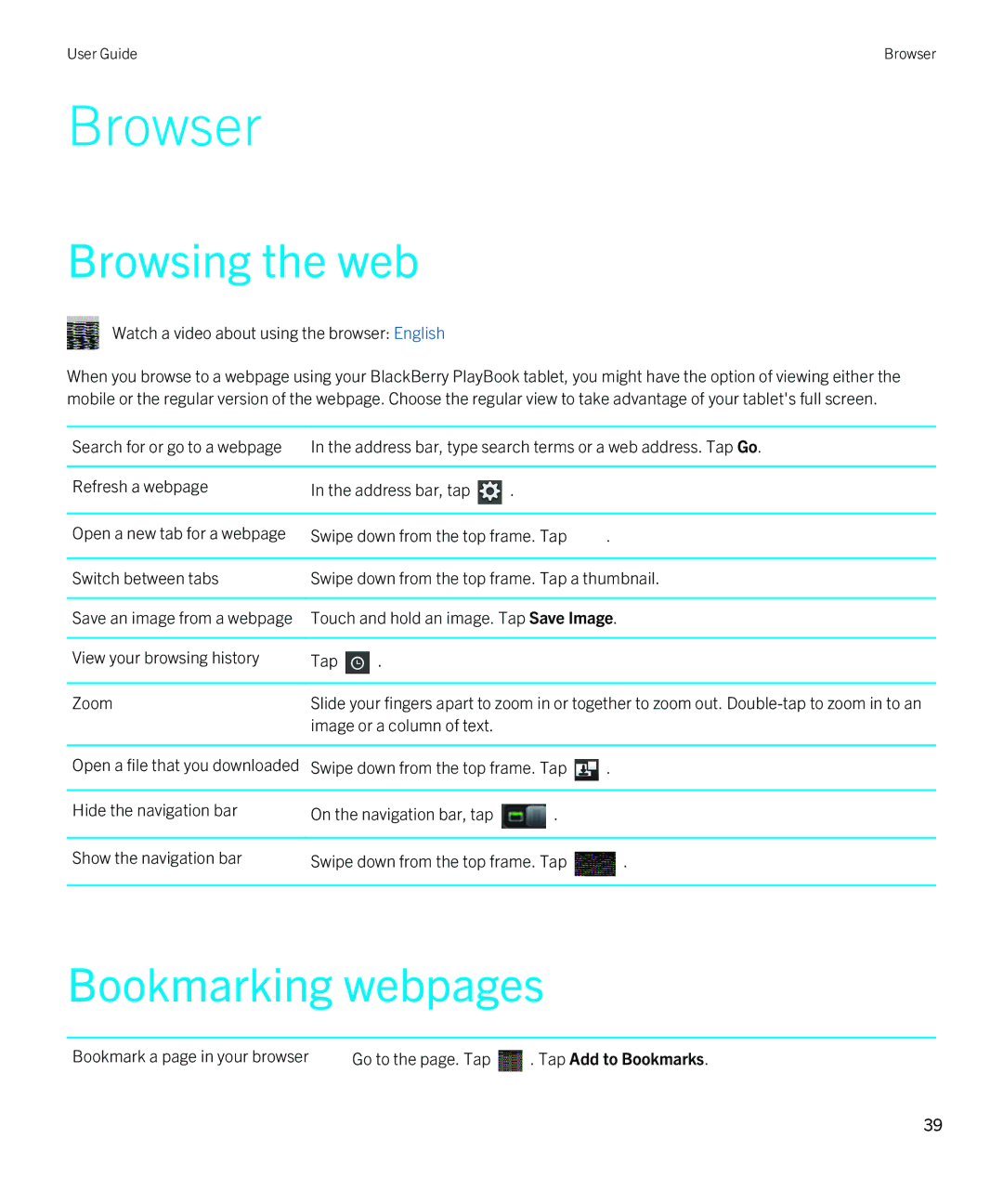 Blackberry 2.1 manual Browser, Browsing the web, Bookmarking webpages 