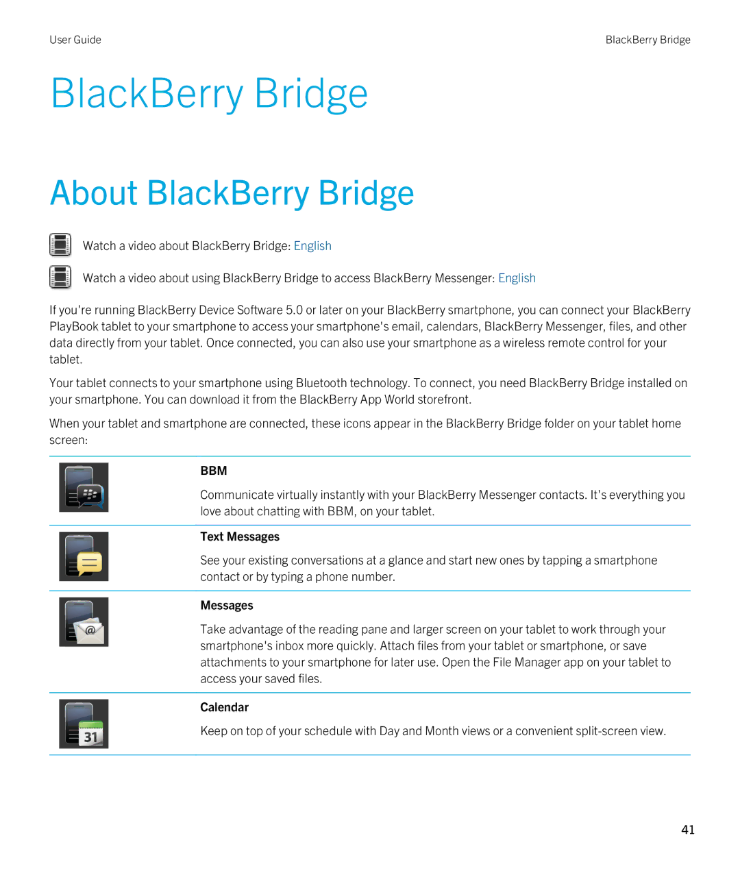 Blackberry 2.1 manual About BlackBerry Bridge, Text Messages, Calendar 