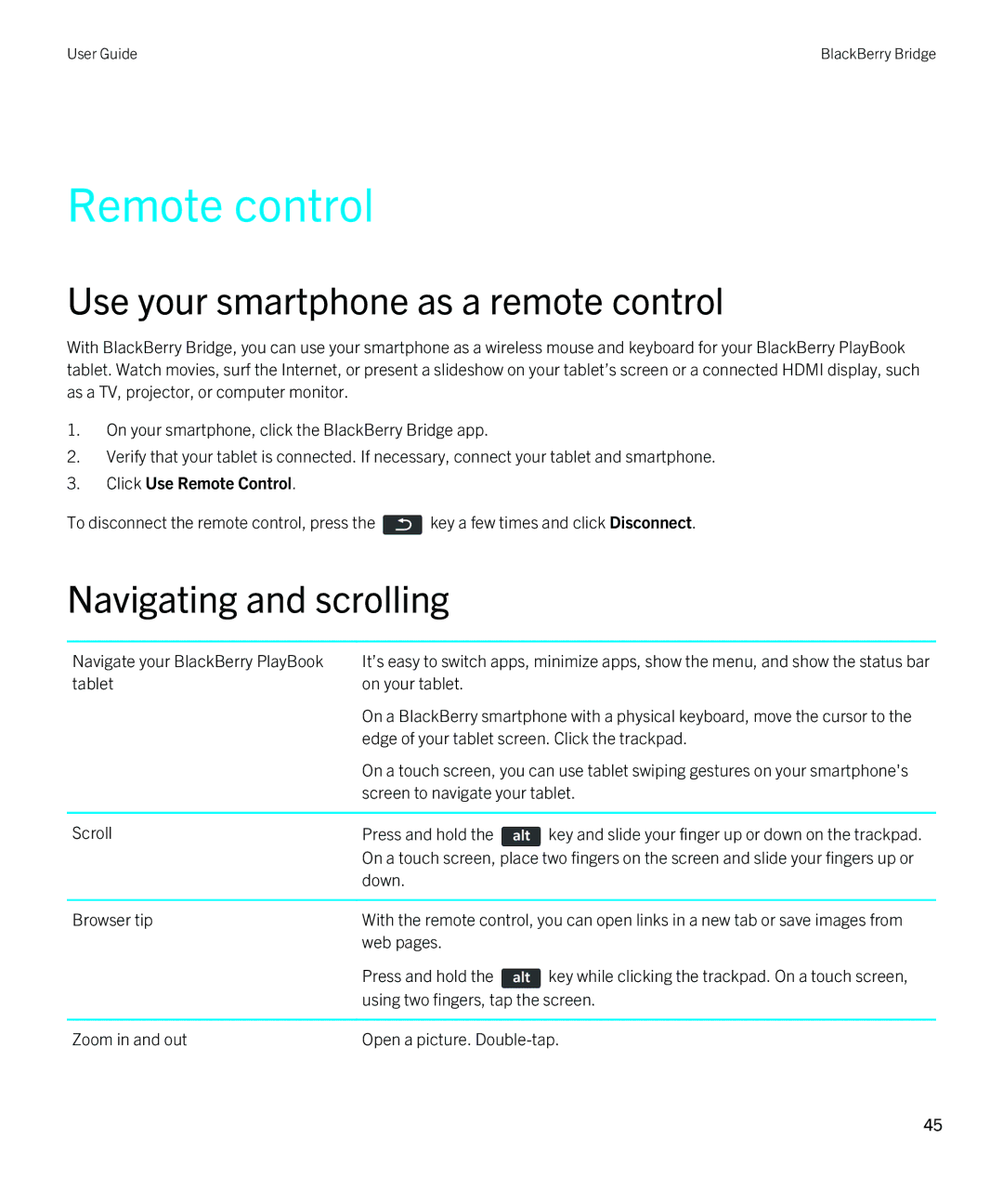 Blackberry 2.1 Remote control, Use your smartphone as a remote control, Navigating and scrolling, Click Use Remote Control 