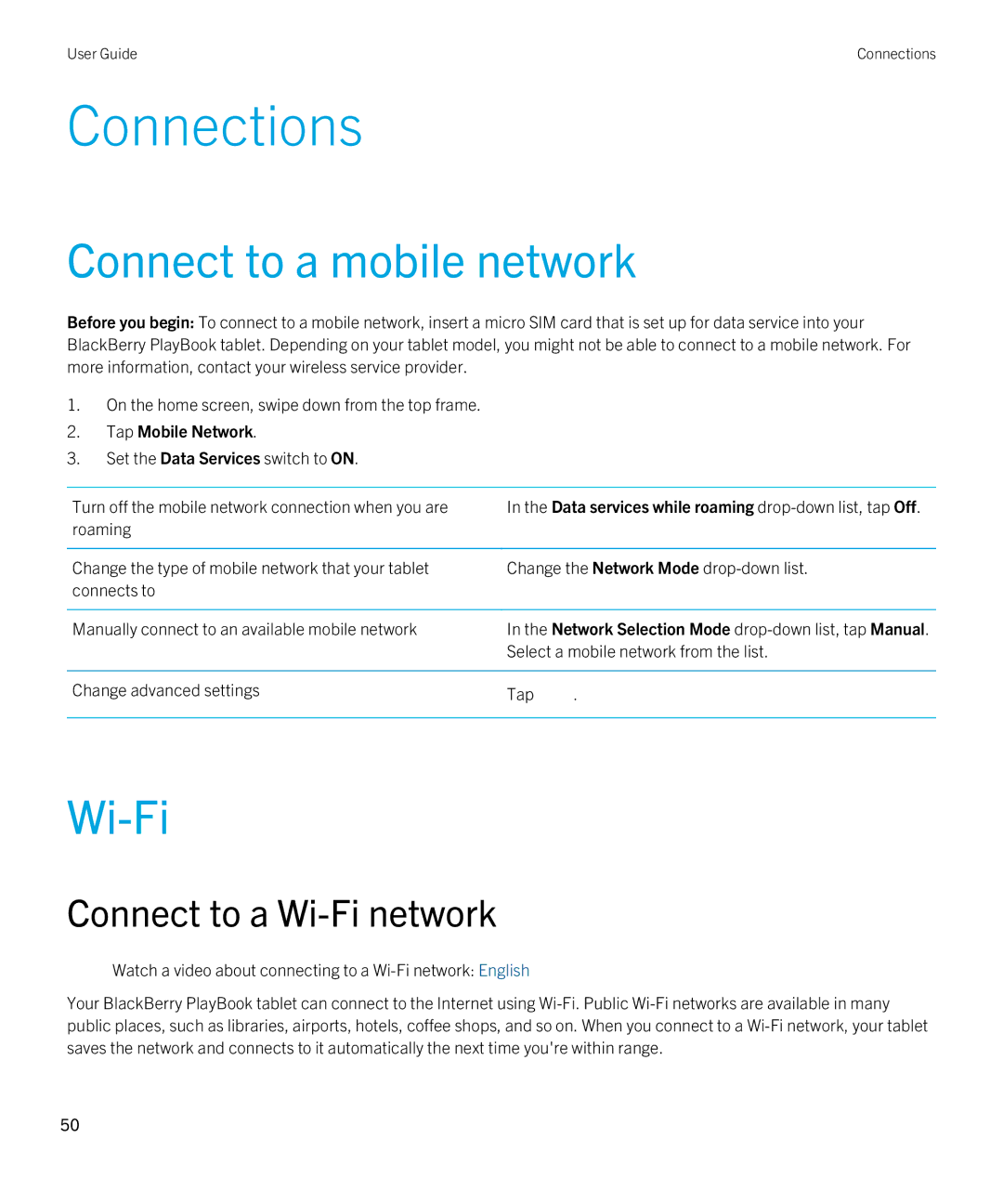 Blackberry 2.1 manual Connections, Connect to a mobile network, Connect to a Wi-Fi network 