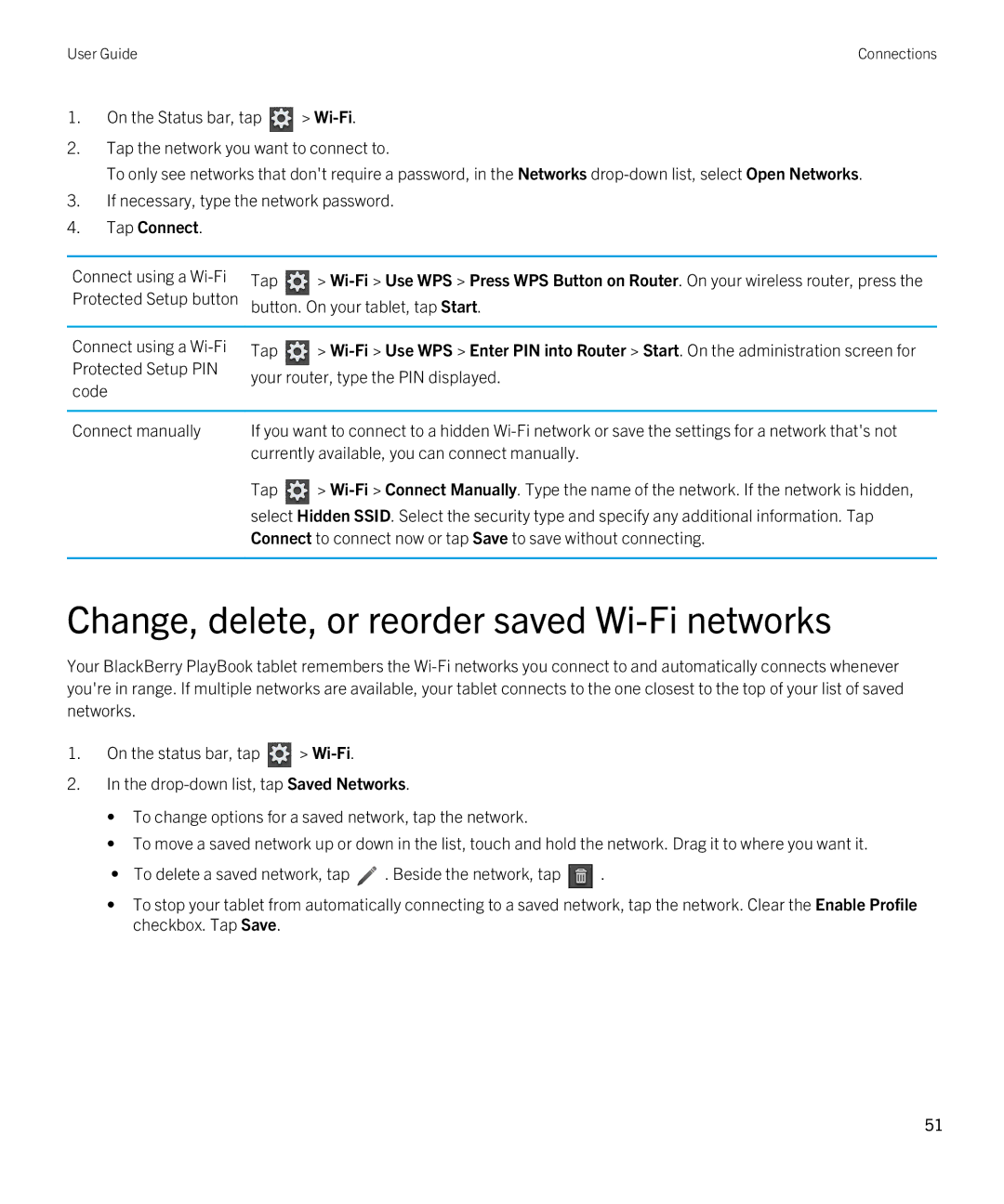 Blackberry 2.1 manual Change, delete, or reorder saved Wi-Fi networks, Tap Connect, Connect using a Wi-Fi Tap 