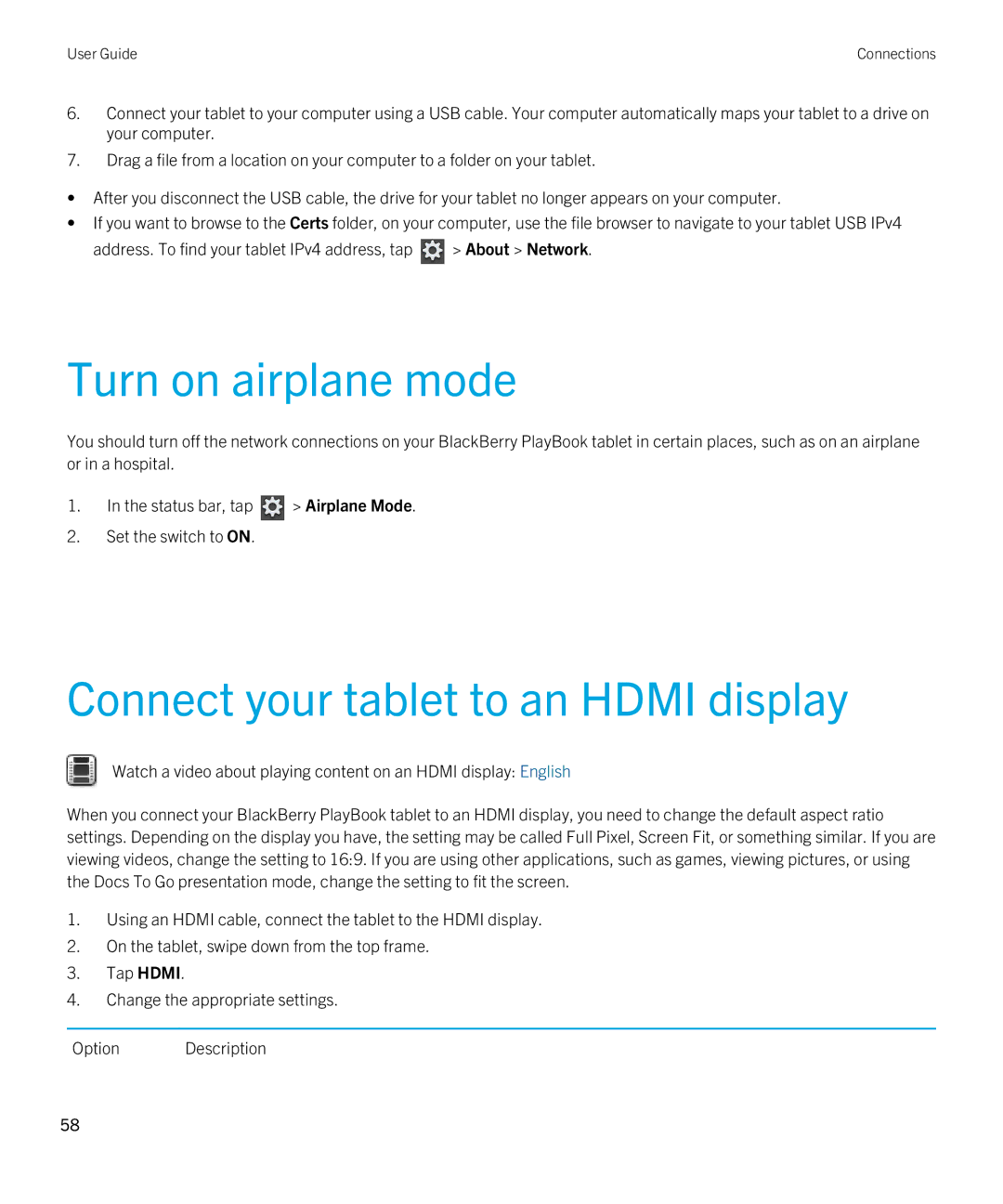 Blackberry 2.1 manual Turn on airplane mode, Connect your tablet to an Hdmi display 