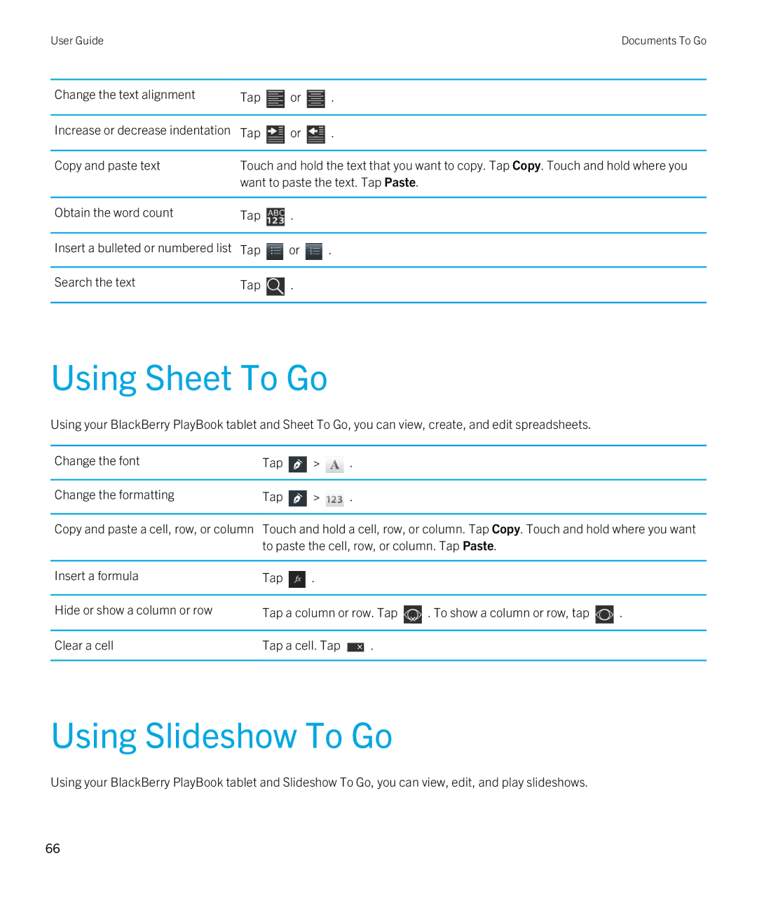 Blackberry 2.1 manual Using Sheet To Go, Using Slideshow To Go 