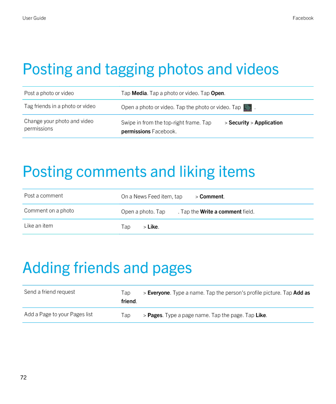 Blackberry 2.1 manual Posting and tagging photos and videos, Posting comments and liking items, Adding friends and pages 