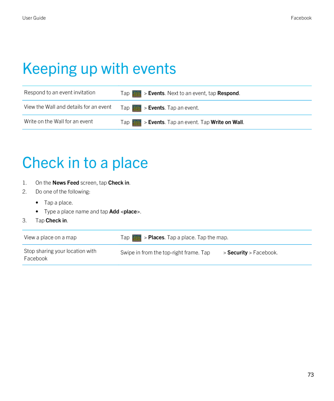 Blackberry 2.1 manual Keeping up with events, Check in to a place, Tap Check 