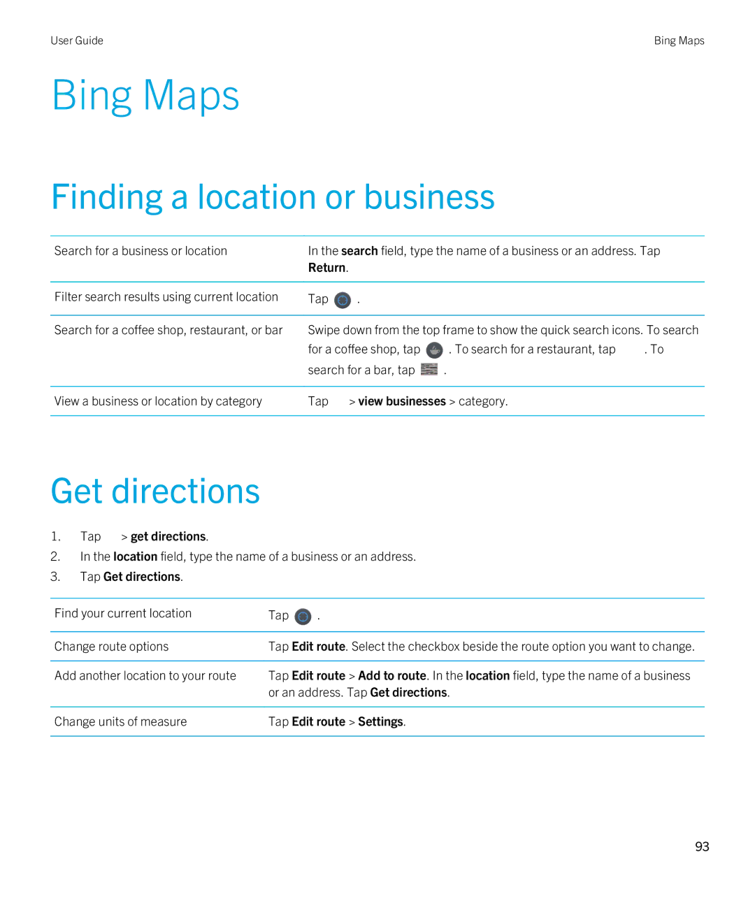 Blackberry 2.1 manual Bing Maps, Finding a location or business, Get directions 