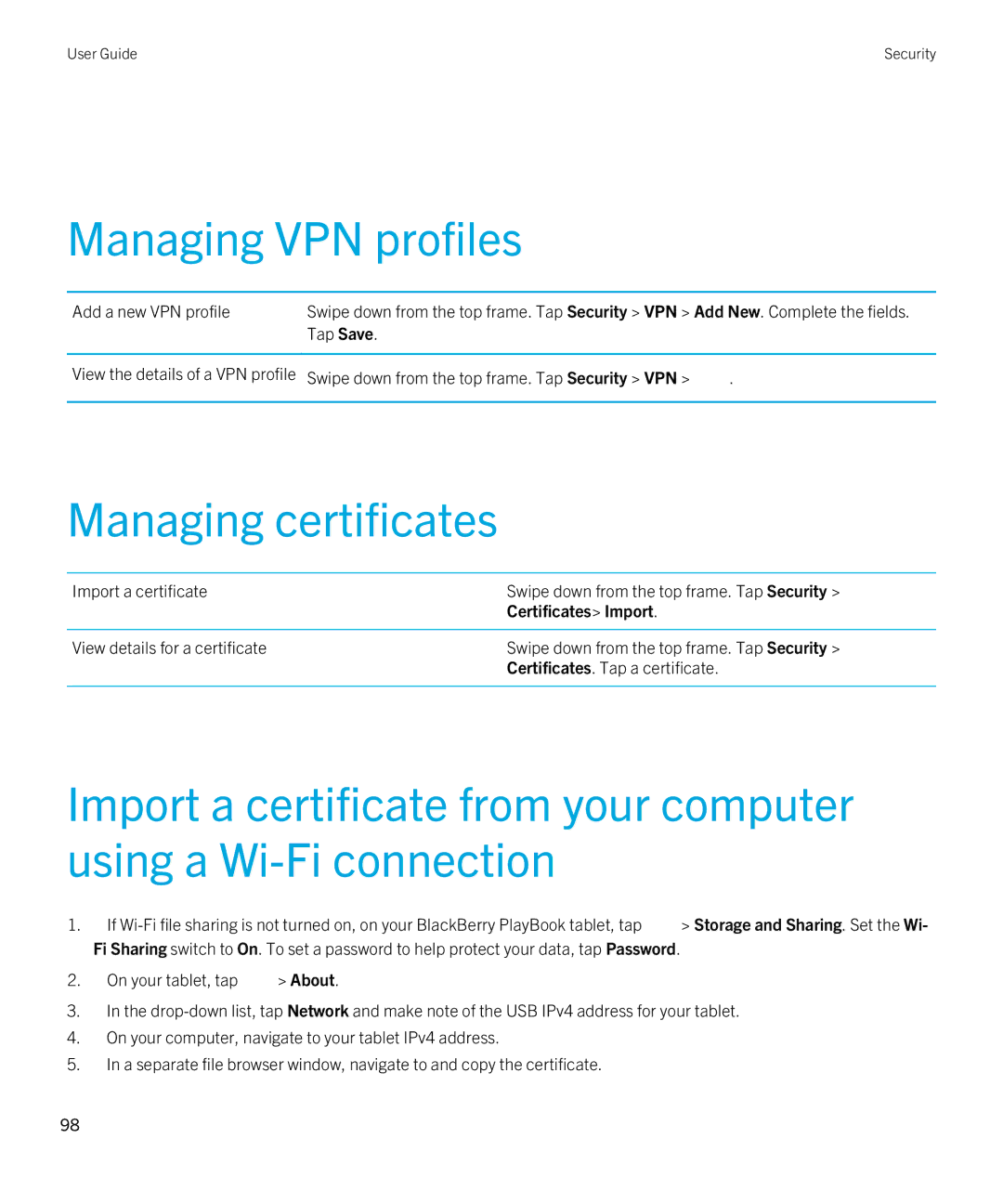 Blackberry 2.1 manual Managing VPN profiles, Managing certificates, Add a new VPN profile, Certificates Import 