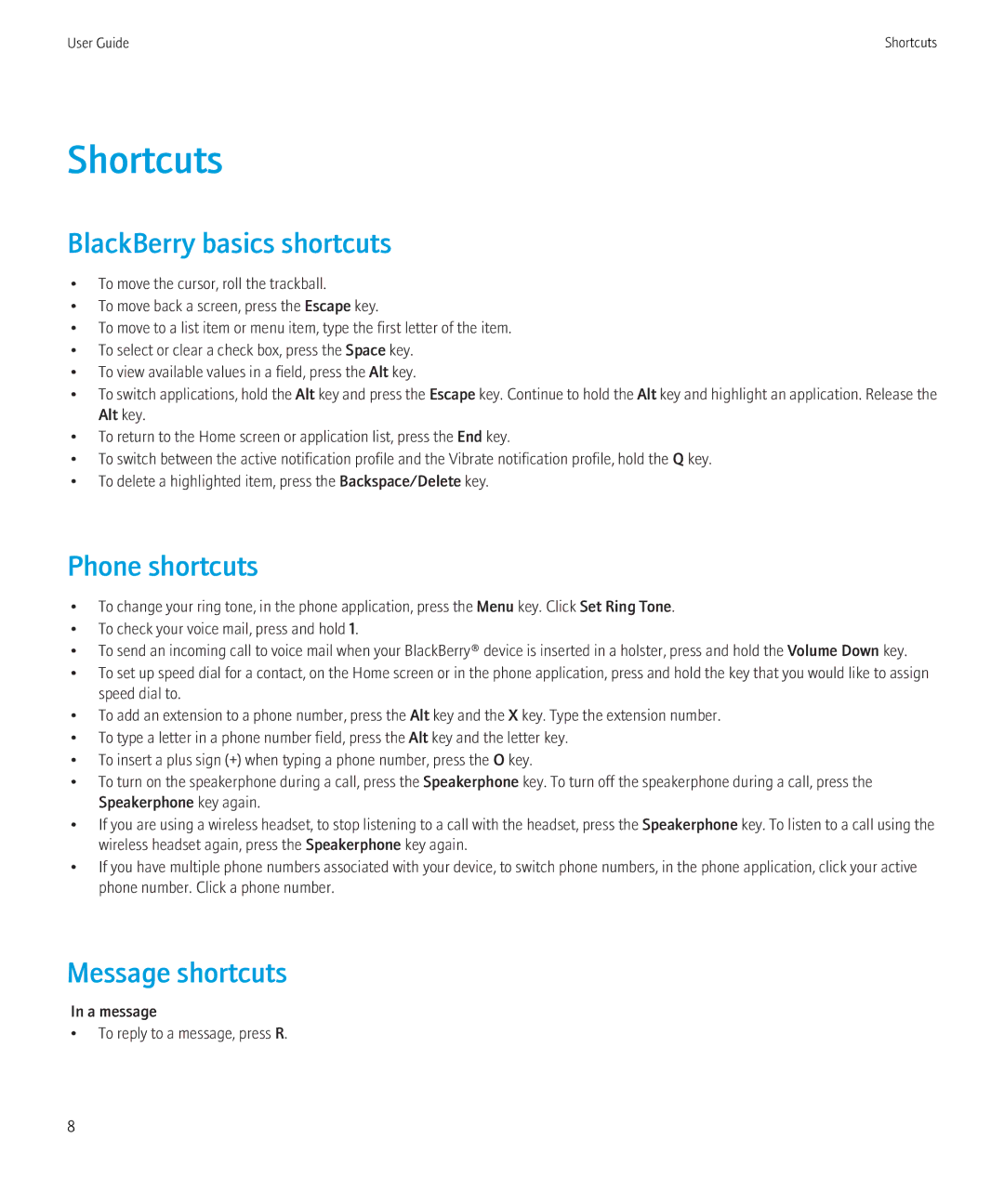 Blackberry 3980228 manual Shortcuts, BlackBerry basics shortcuts, Phone shortcuts, Message shortcuts 