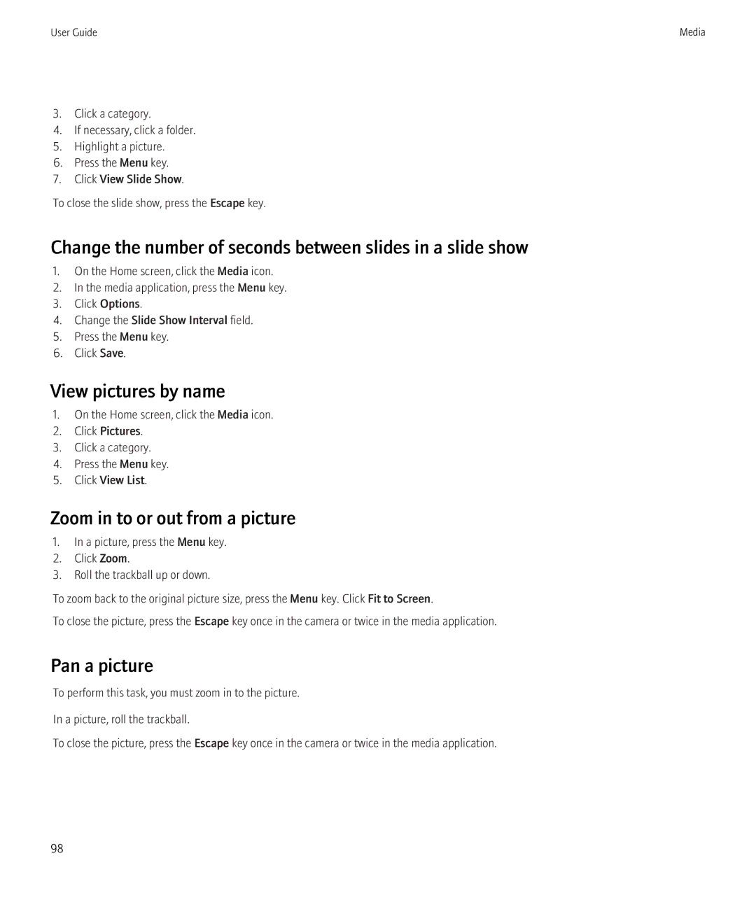 Blackberry 3980228 manual Change the number of seconds between slides in a slide show, View pictures by name, Pan a picture 
