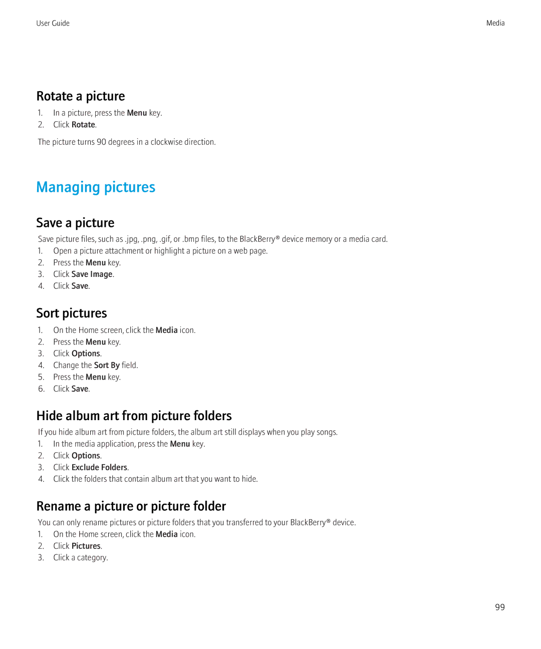 Blackberry 3980228 manual Managing pictures 