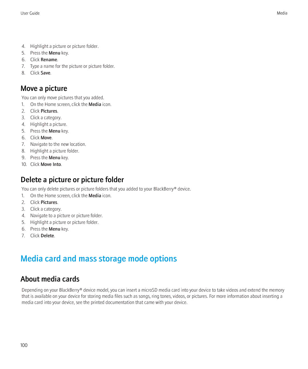 Blackberry 3980228 manual Media card and mass storage mode options, Move a picture, Delete a picture or picture folder 