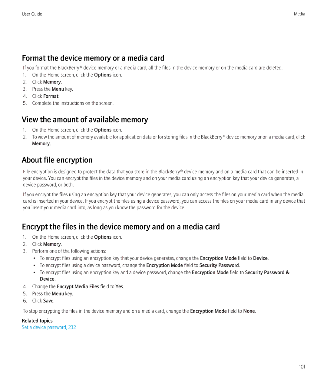 Blackberry 3980228 Format the device memory or a media card, View the amount of available memory, About file encryption 