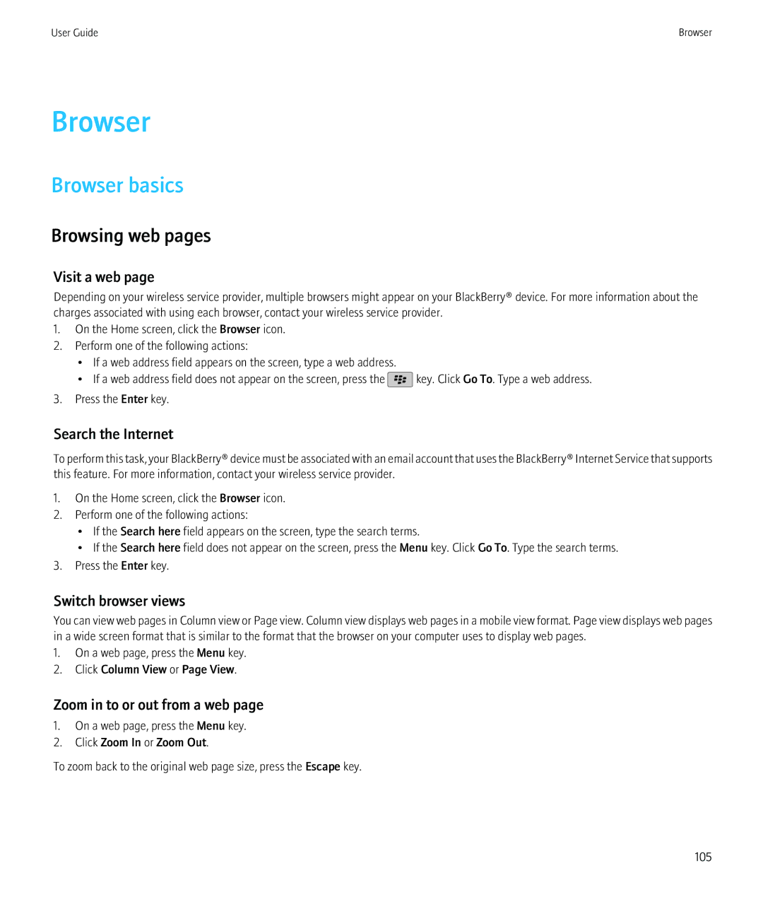 Blackberry 3980228 manual Browser basics, Browsing web pages 