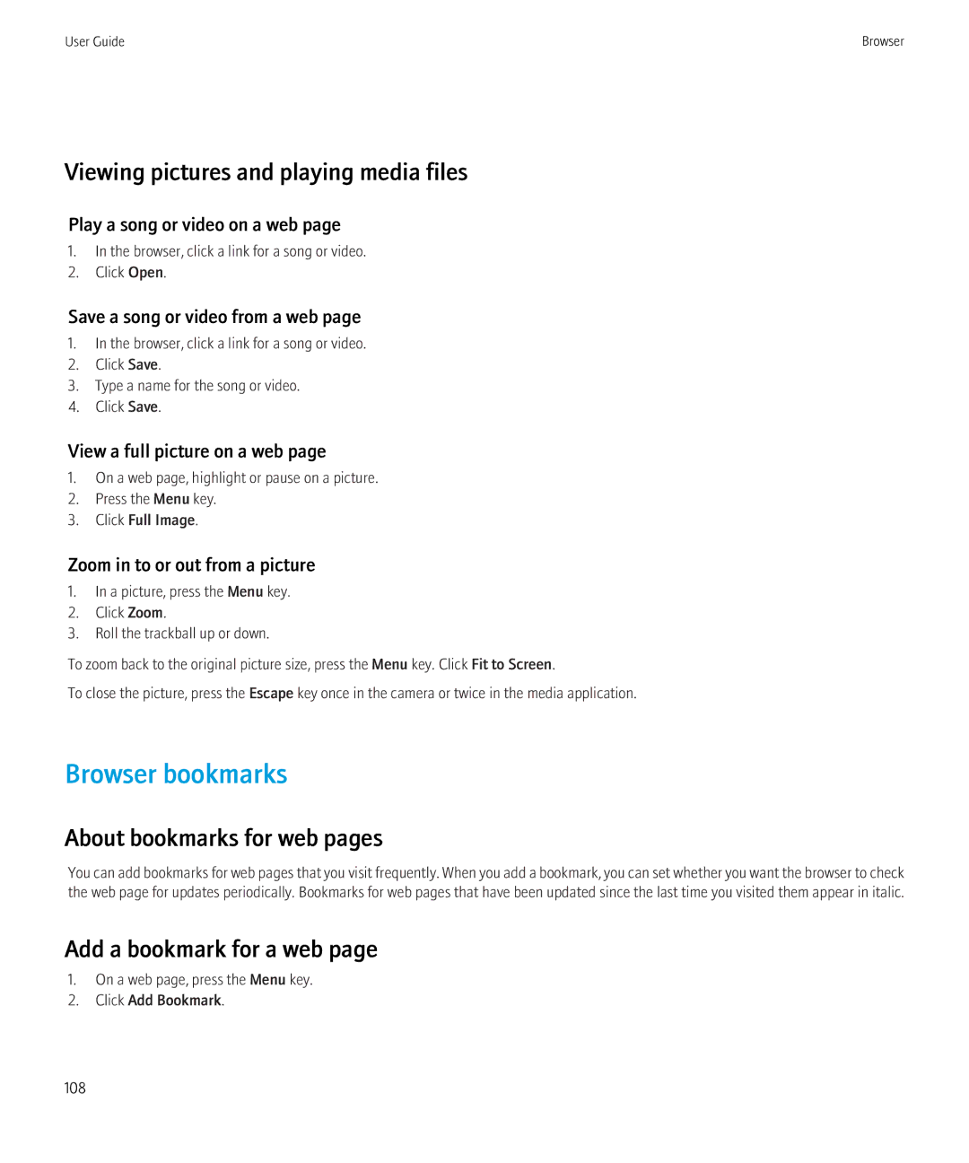 Blackberry 3980228 manual Browser bookmarks, Viewing pictures and playing media files, About bookmarks for web pages 