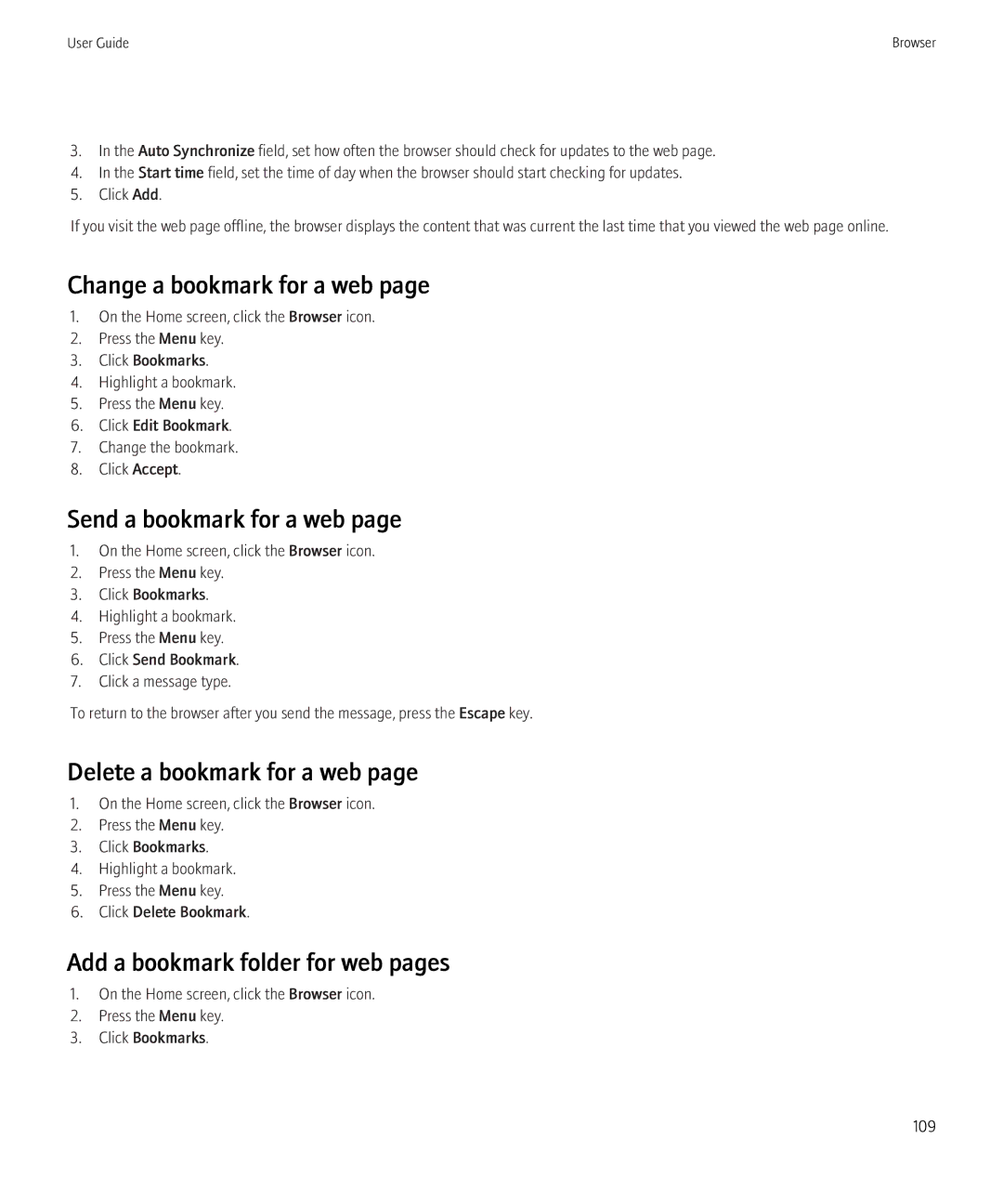 Blackberry 3980228 manual Change a bookmark for a web, Send a bookmark for a web, Delete a bookmark for a web 