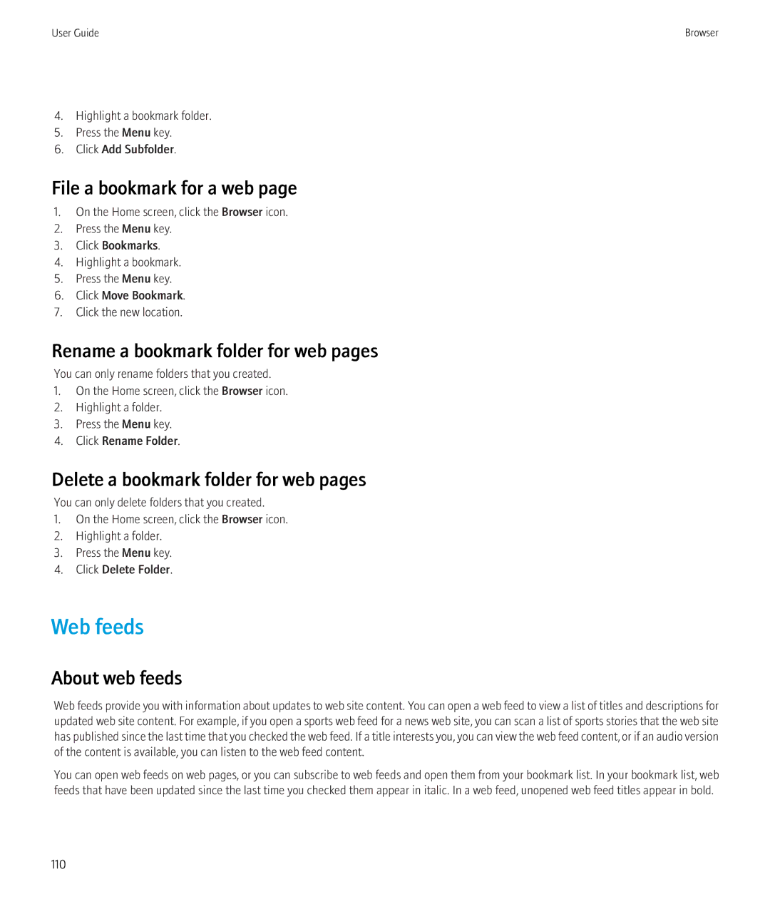 Blackberry 3980228 manual Web feeds, File a bookmark for a web, Rename a bookmark folder for web pages, About web feeds 