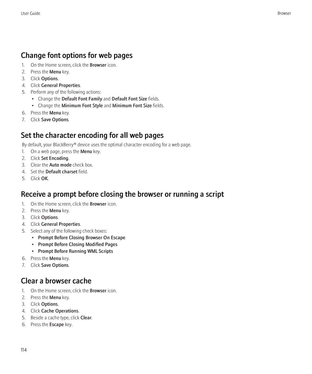 Blackberry 3980228 Change font options for web pages, Set the character encoding for all web pages, Clear a browser cache 