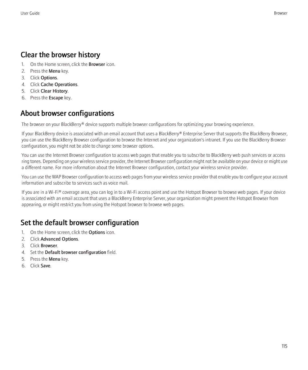 Blackberry 3980228 manual Clear the browser history, About browser configurations, Set the default browser configuration 