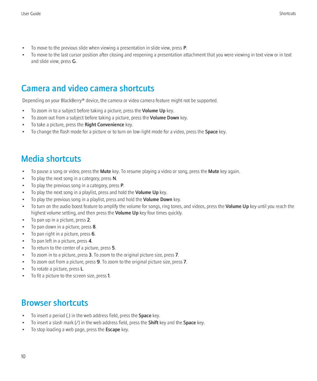 Blackberry 3980228 manual Camera and video camera shortcuts, Media shortcuts, Browser shortcuts 