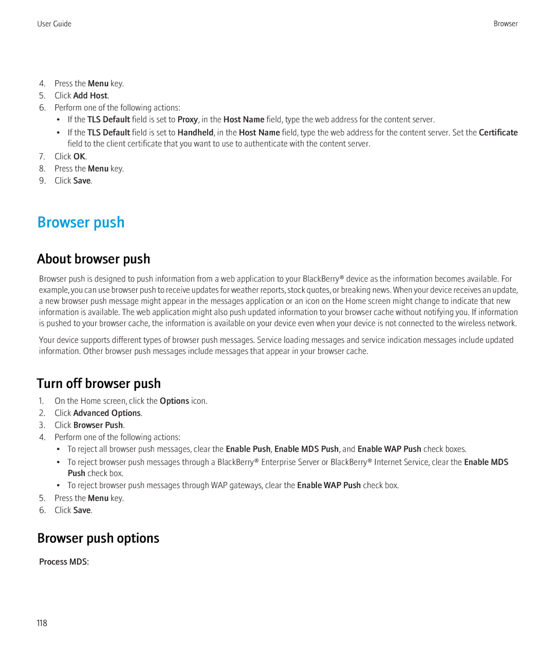 Blackberry 3980228 manual About browser push, Turn off browser push, Browser push options 