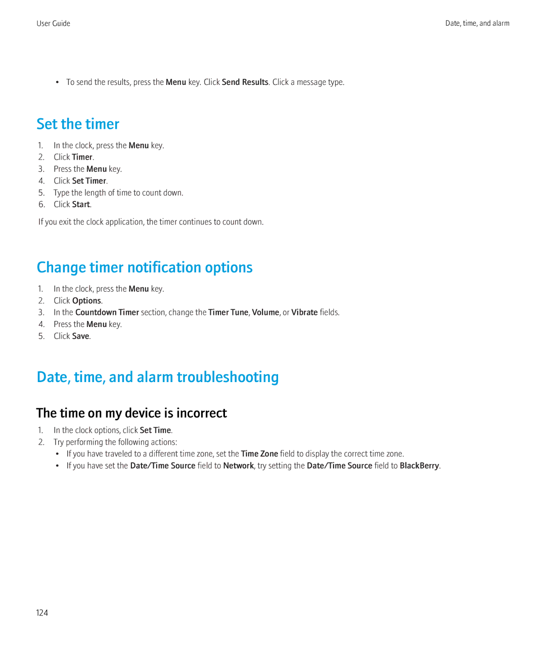 Blackberry 3980228 manual Set the timer, Change timer notification options, Date, time, and alarm troubleshooting 