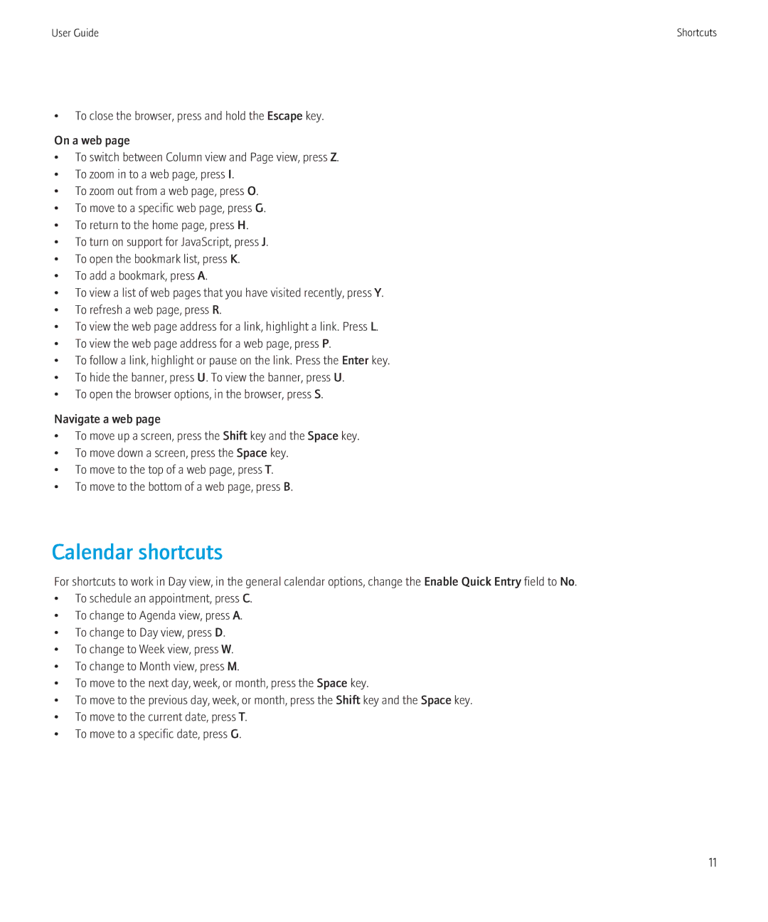 Blackberry 3980228 manual Calendar shortcuts 